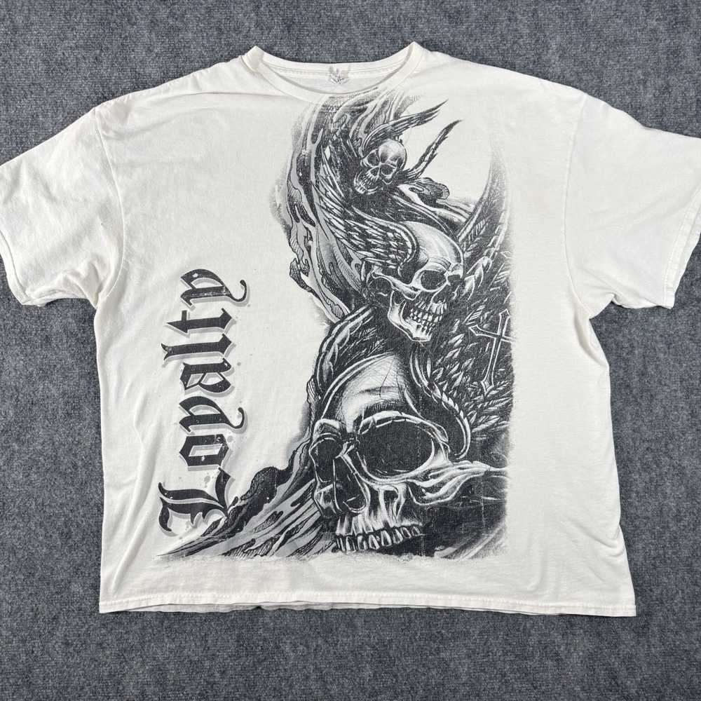 Y2K Affliction  All Over Skull Print Tee Wings Men's 3XL White T-Shirt